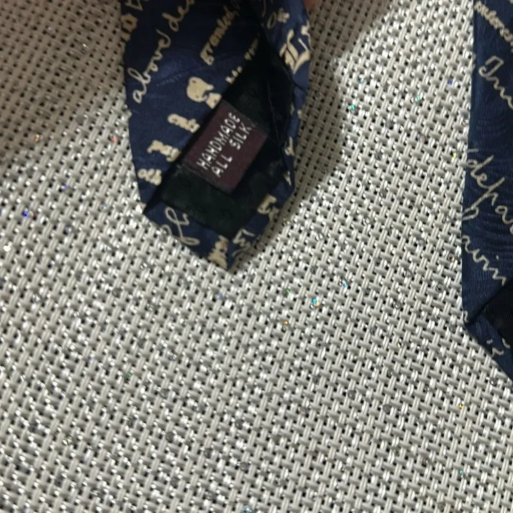 Museum Artifacts Navy Ivory Cursive Print Textured Silk Tie